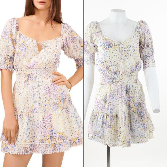 1.STATE Floral Print Puff Sleeve Cotton Minidress in White/Multi - Picture 1 of 5